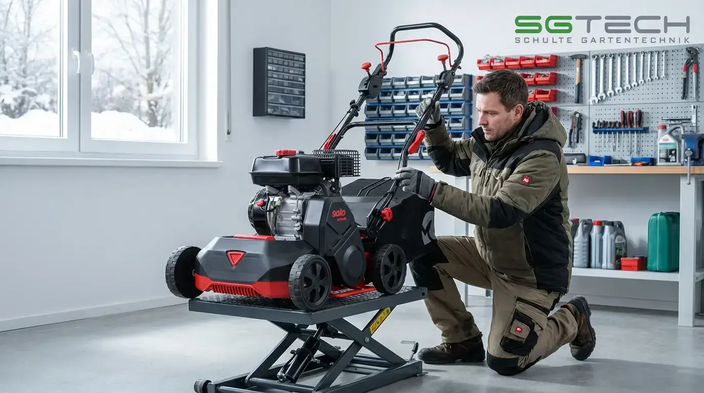 Mechaniker bei der Wartung des Solo by AL-KO 4076P Vertikutierers auf einer Hebebühne in der Werkstatt. Winterliche Szene draußen.