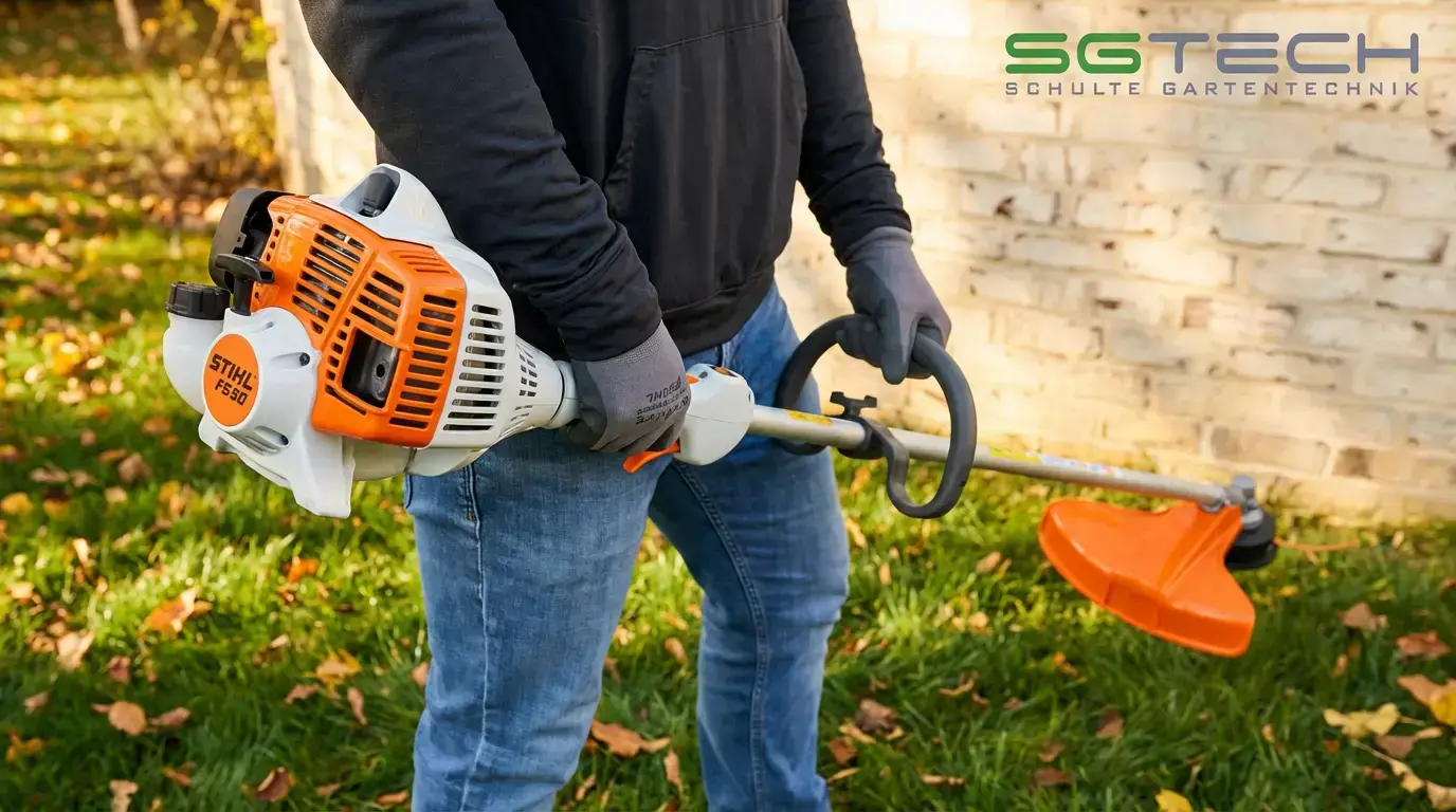 Eine Person in Jeans und dunkler Kleidung, mit Handschuhen, hält einen orange-weißen Stihl FS 50 Benzin-Trimmer im herbstlichen Garten.