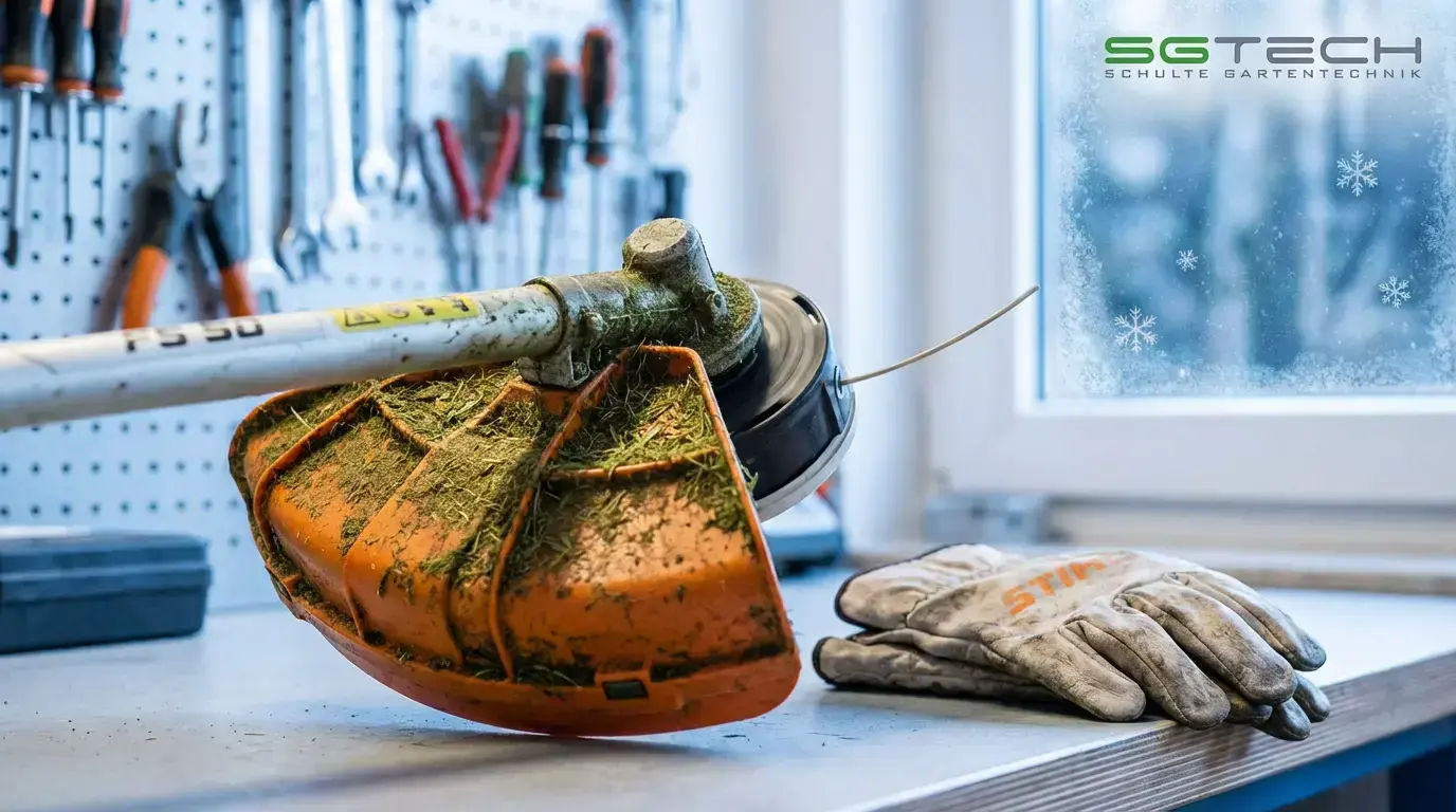 Stihl FS 50 Trimmer mit Grasrückständen auf Werkbank. Stihl Handschuhe daneben. Wartung des Geräts im Winter in Werkstatt.