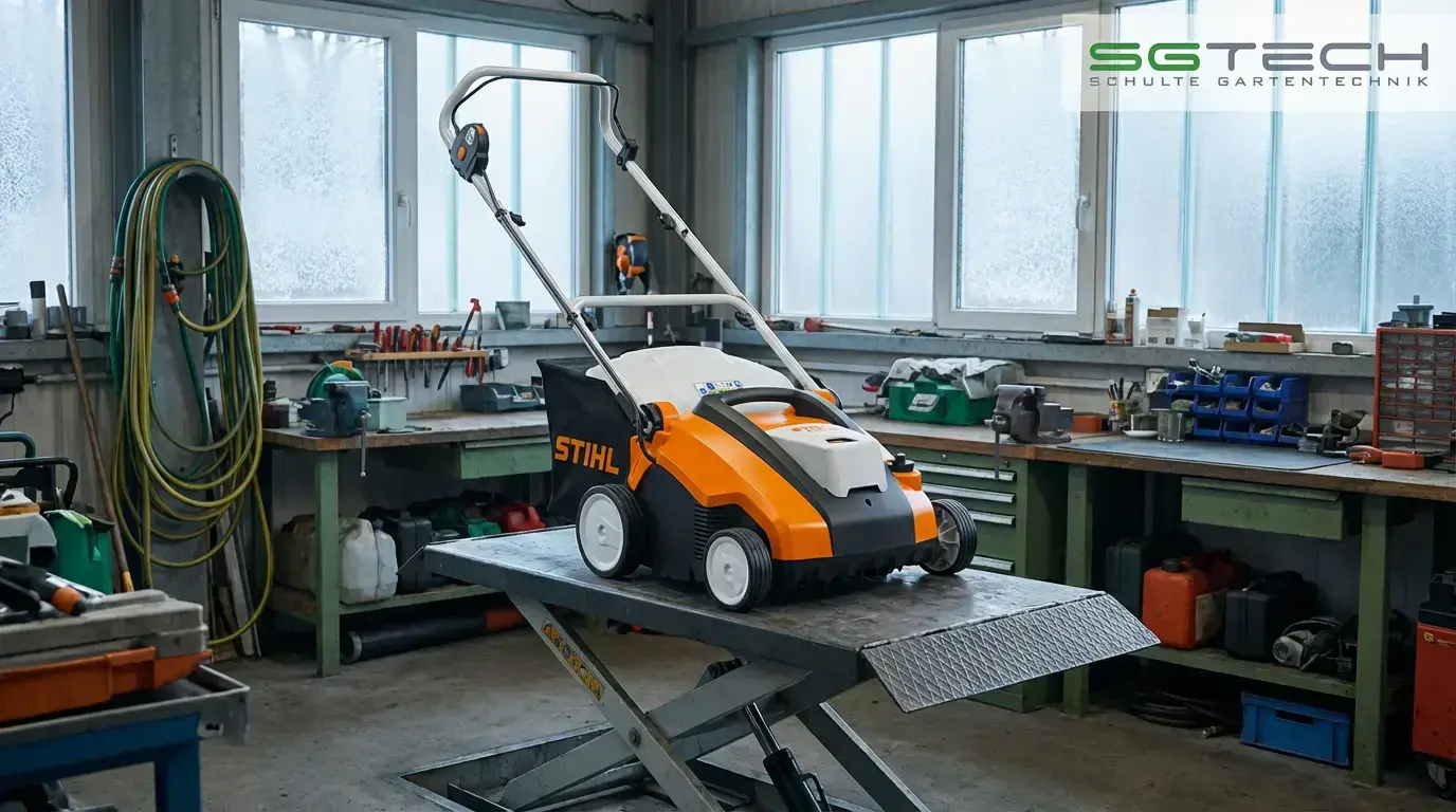 Stihl RLA240 Vertikutierer auf einer Hebebühne in einer Werkstatt. Das Gartengerät wird für den Winter vorbereitet oder gewartet.