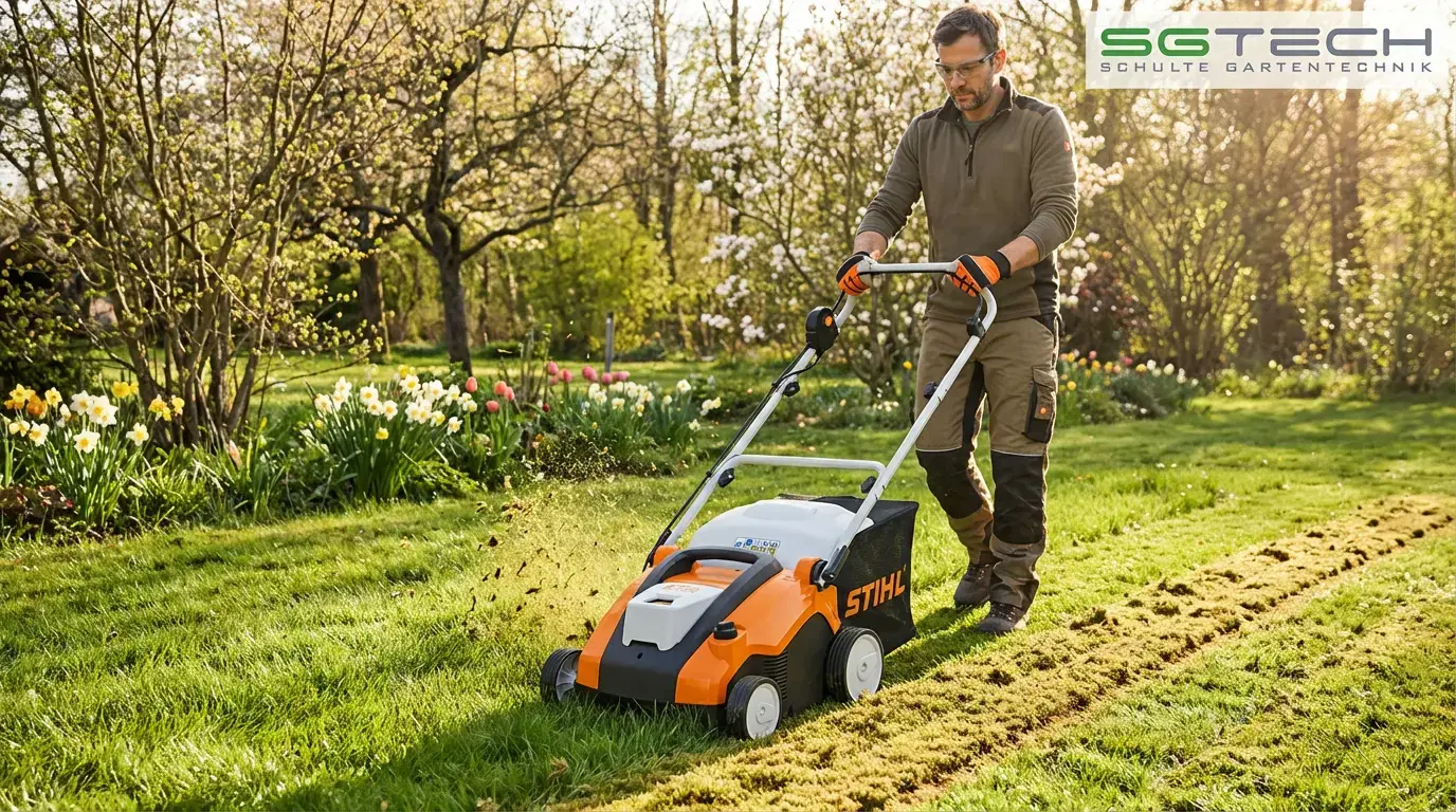 Ein Mann vertikutiert mit dem orange-weißen Stihl RLA240 Vertikutierer den Rasen im sonnigen Kleingarten, leichte Spuren sichtbar.