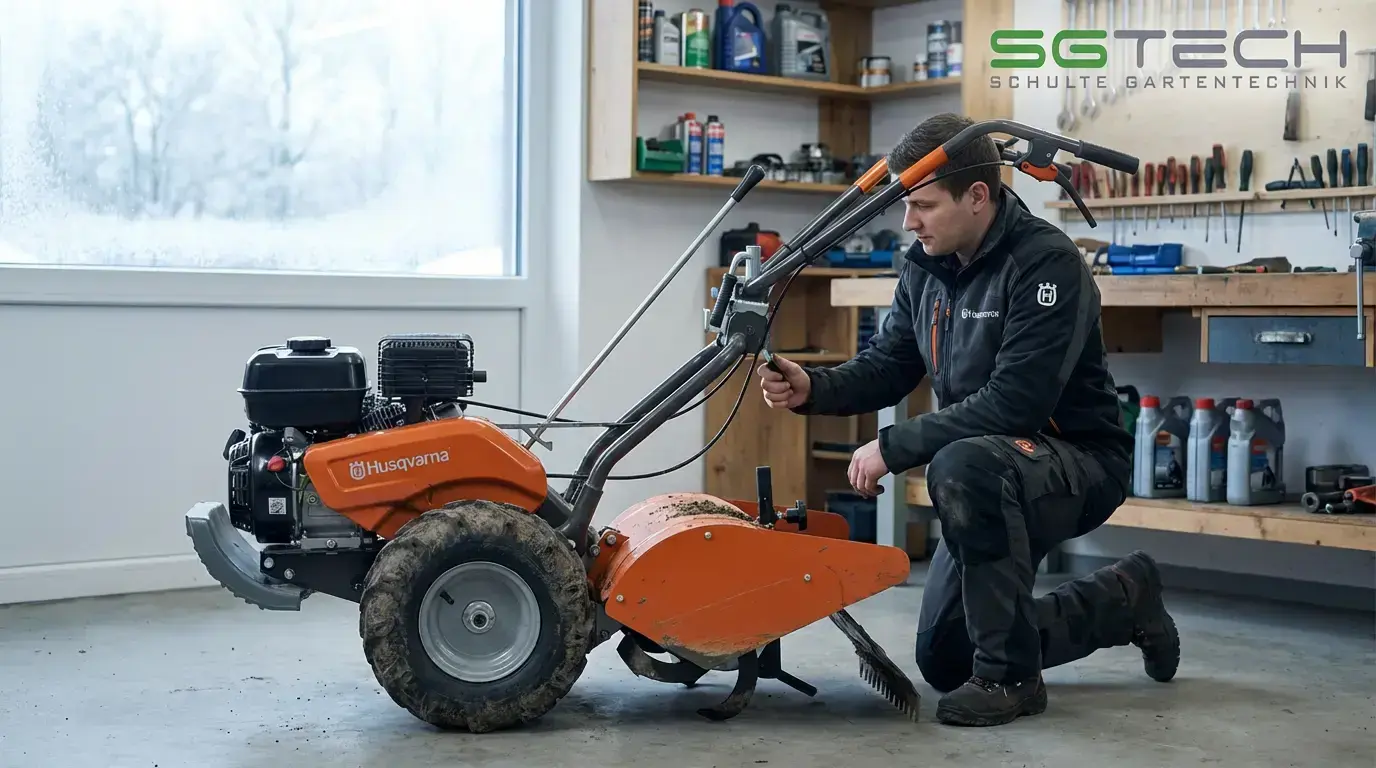 Ein Techniker prüft die orange Husqvarna TR348 Bodenfräse mit Gebrauchsspuren in einer Werkstatt. Draußen liegt Schnee.