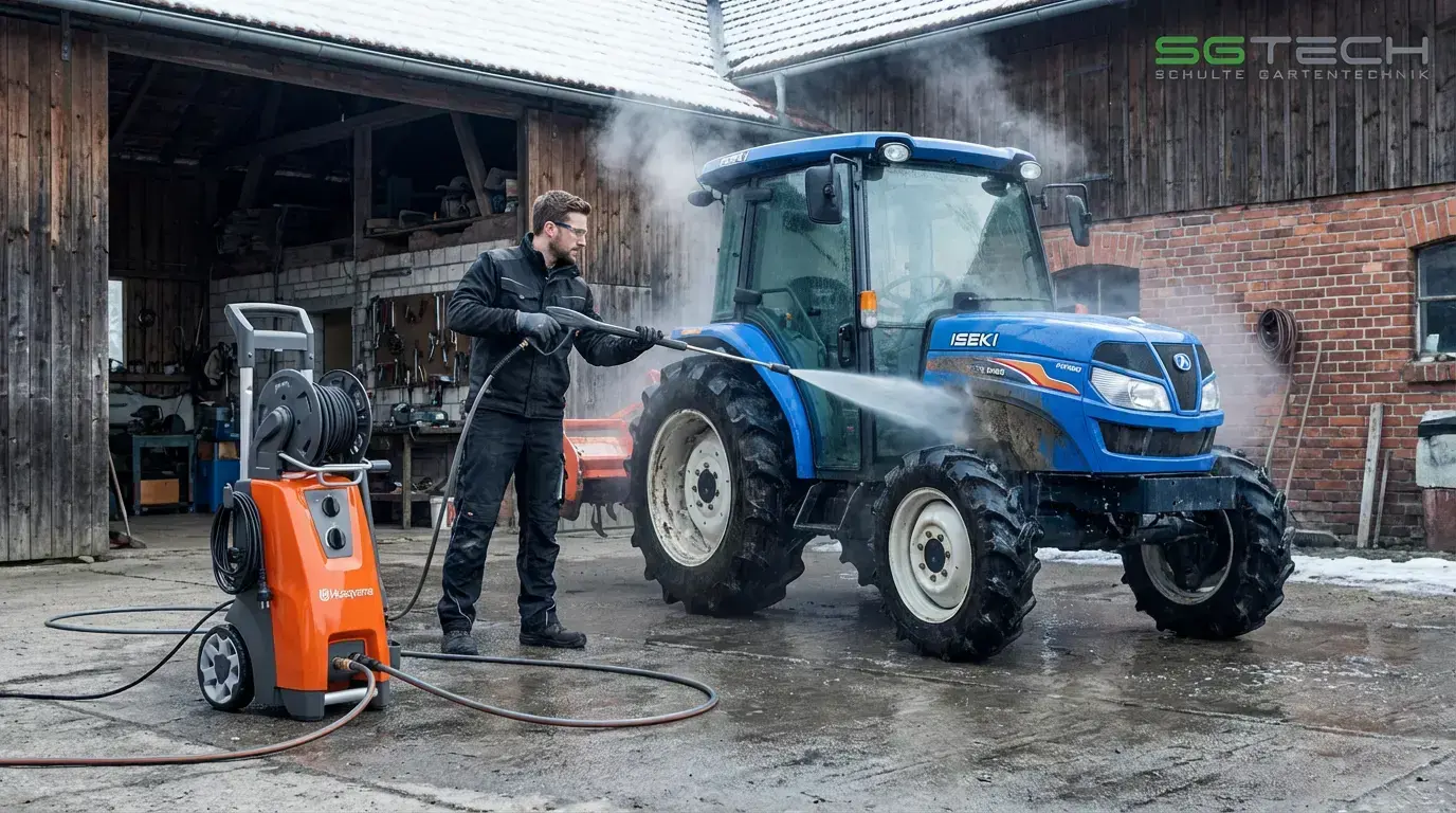 Mann reinigt blauen Iseki Traktor mit Husqvarna PW480 Hochdruckreiniger vor einer Werkstatt. Kräftige Reinigung im Winter.