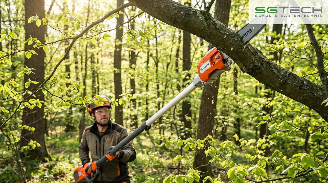 Ein Mann schneidet mit einem Husqvarna 530IPT5 Hochentaster einen Baumast in einem frühlingshaften Wald. Detailansicht des Geräts am Ast.