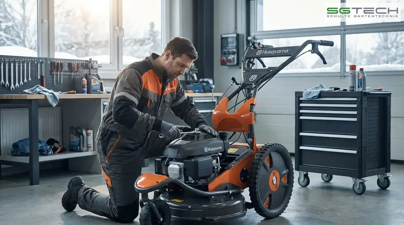 Ein Mechaniker wartet einen Husqvarna DB551 Hochgrasmäher in einer Werkstatt. Draußen ist eine winterliche Schneelandschaft zu sehen.