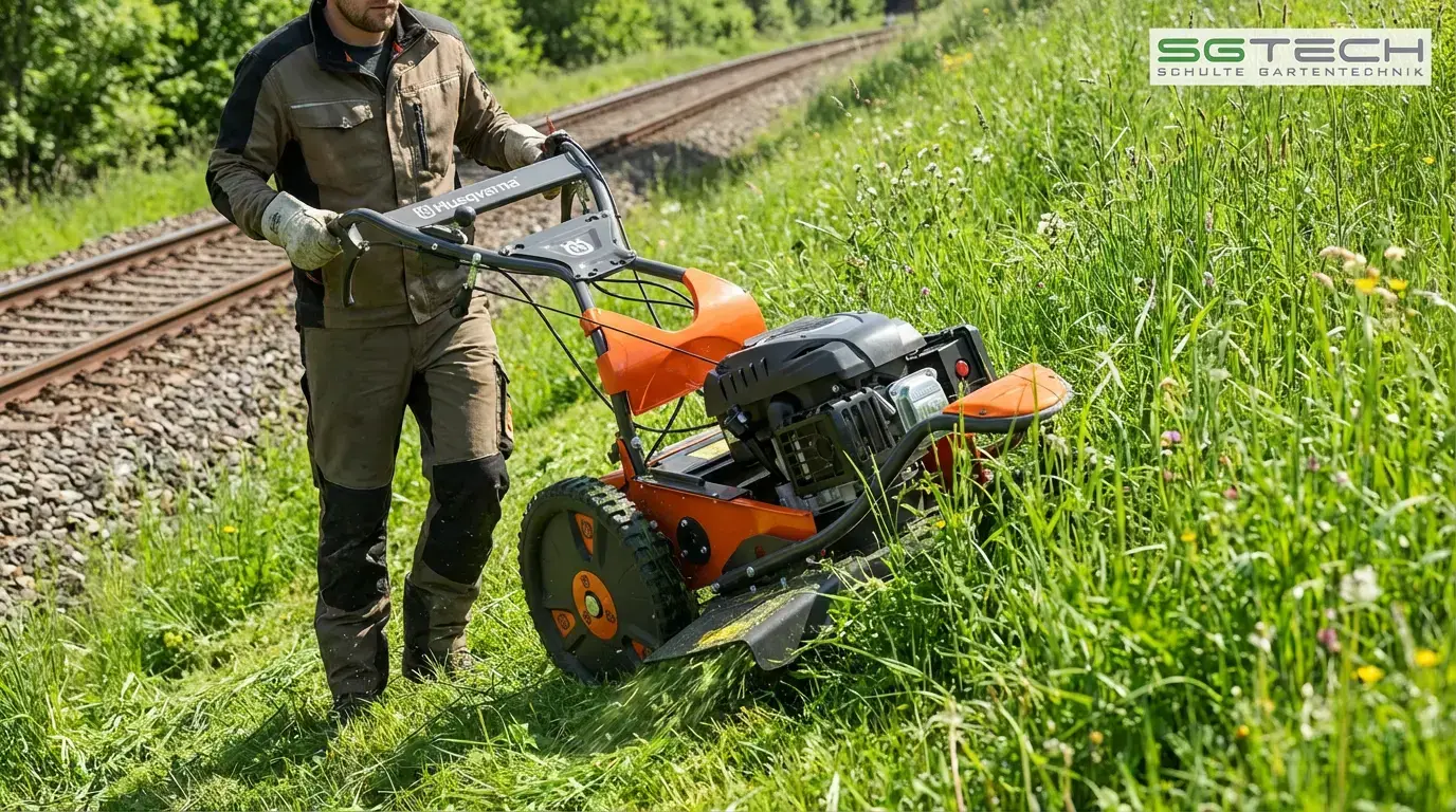 Husqvarna DB551 Hochgrasmäher in Aktion beim Mähen von hohem Gras an einem steilen Hang.