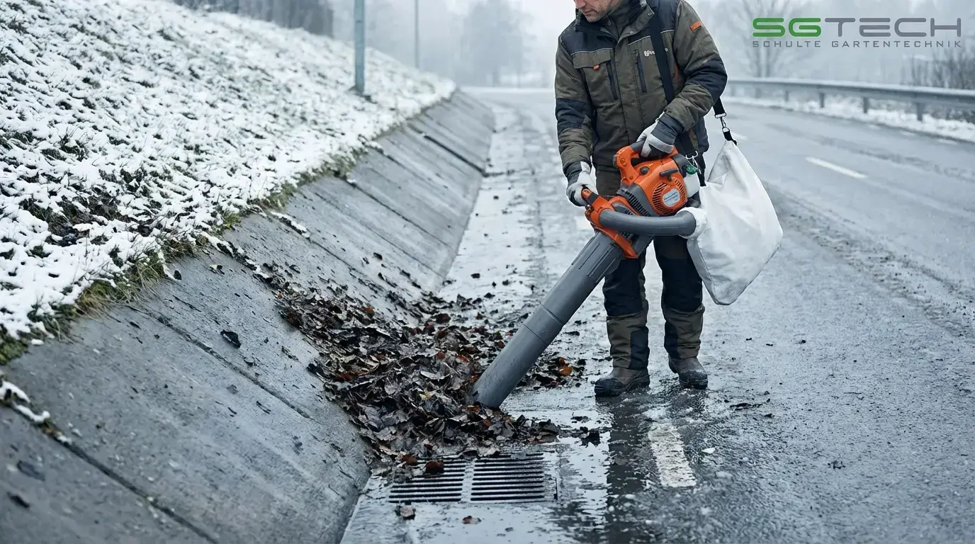 Ein Mann nutzt einen Husqvarna 125BVX Laubsauger, um nasses, altes Laub aus einem Straßenrigol zu entfernen. Winterliche Szene.