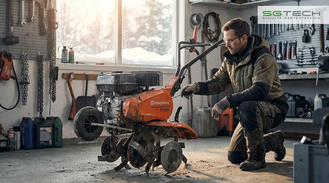 Ein Mechaniker wartet eine gebrauchte Husqvarna TF325 Motorhacke in einer Werkstatt. Draußen liegt Schnee, das Gerät hat Gebrauchsspuren.