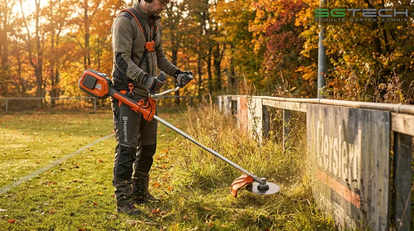Mann trimmt mit Husqvarna 525IRXT Motorsense Gras am Spielfeldrand eines Fußballplatzes, umgeben von Herbstlaub.