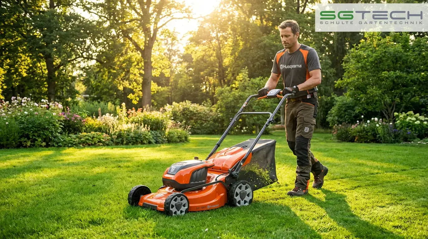 Ein Mann benutzt den orangefarbenen Husqvarna LC137I Rasenmäher, um den grünen Rasen an einem sonnigen Tag zu mähen.