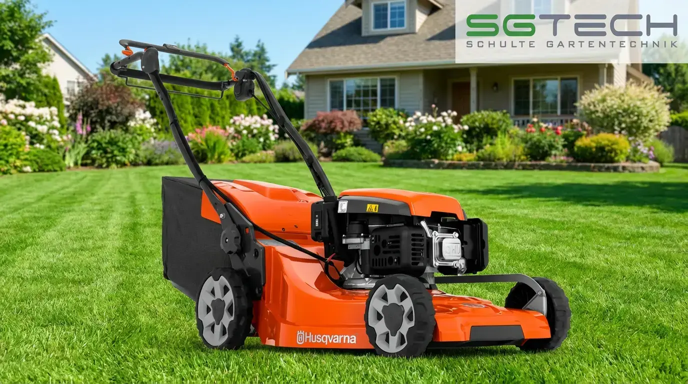 Husqvarna LC353VE Rasenmäher auf grünem Rasen vor einem Einfamilienhaus. Ein perfekter Sommertag für die Gartenarbeit.