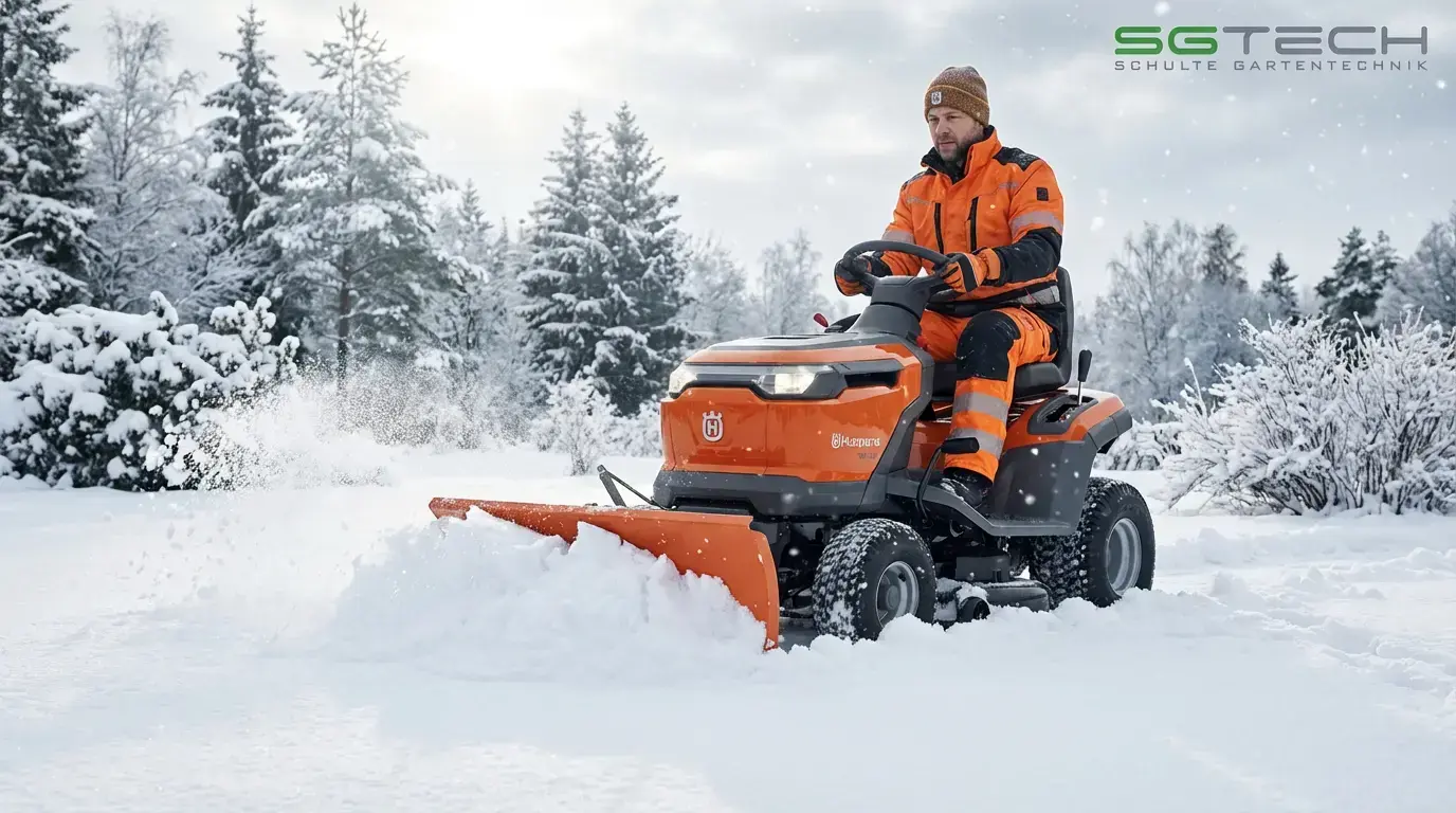 Ein Mann in orangefarbener Winterkleidung fährt einen Husqvarna TS114 Rasentraktor mit Schneeschild durch tiefen Schnee.