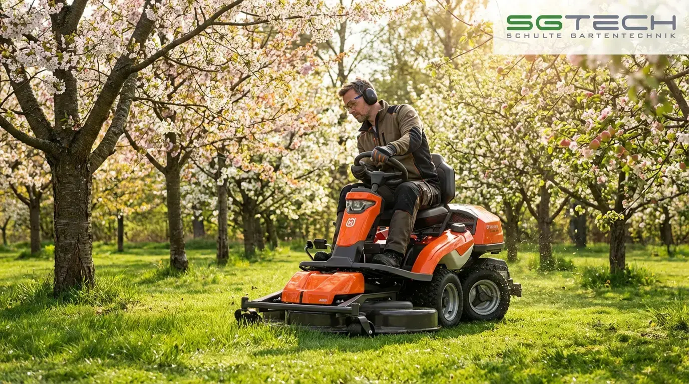 Husqvarna R316TSX AWD Rider mäht Gras zwischen blühenden Obstbäumen in einem großen Garten im Frühling, Fahrer trägt Gehörschutz.