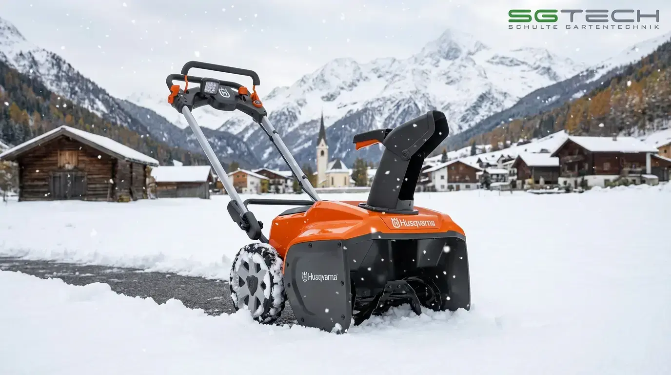 Husqvarna ST253I Schneefräse räumt Schnee vor Hauseinfahrt. Schneefall und Bergpanorama im Hintergrund.