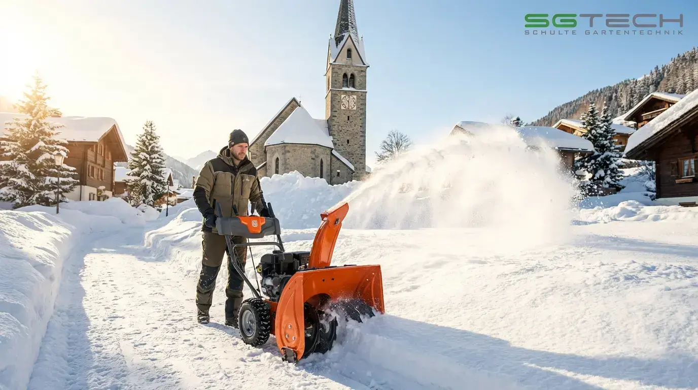 Foto einer Husqvarna ST124 Schneefräse beim Schneeräumen in einem Bergdorf im Winter.