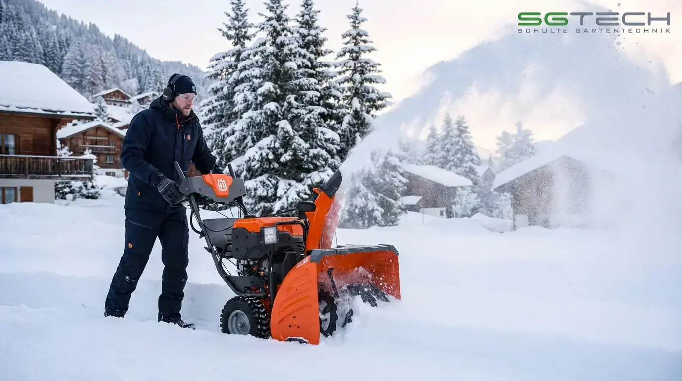 Ein Mann bedient die Husqvarna ST430T Schneefräse in einem tief verschneiten Bergdorf. Die Maschine wirft hohen Schnee weg.