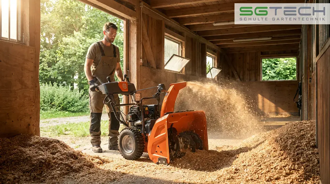 Ein Mann bedient die Husqvarna ST269 Schneefräse, um Sägespäne in einem Pferdestall zu fräsen. Effiziente Reinigung.