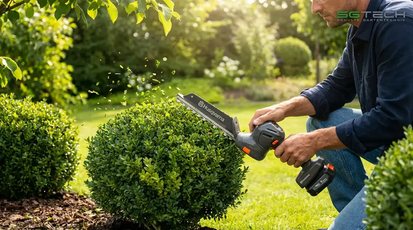 Mann trimmt runden Buchsbaum mit Husqvarna ASPIRE S20-P4A Akku-Strauchschere in einem sonnigen Garten.