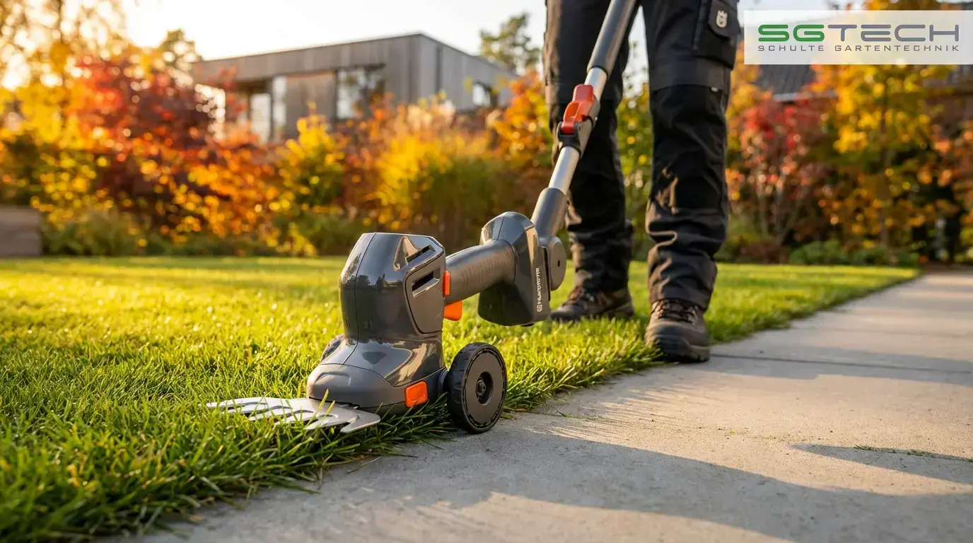 Husqvarna ASPIRE S20-P4A Strauchschere schneidet präzise Rasenkanten am Betonweg im Herbst. Nahaufnahme des Geräts mit Benutzerfüßen.