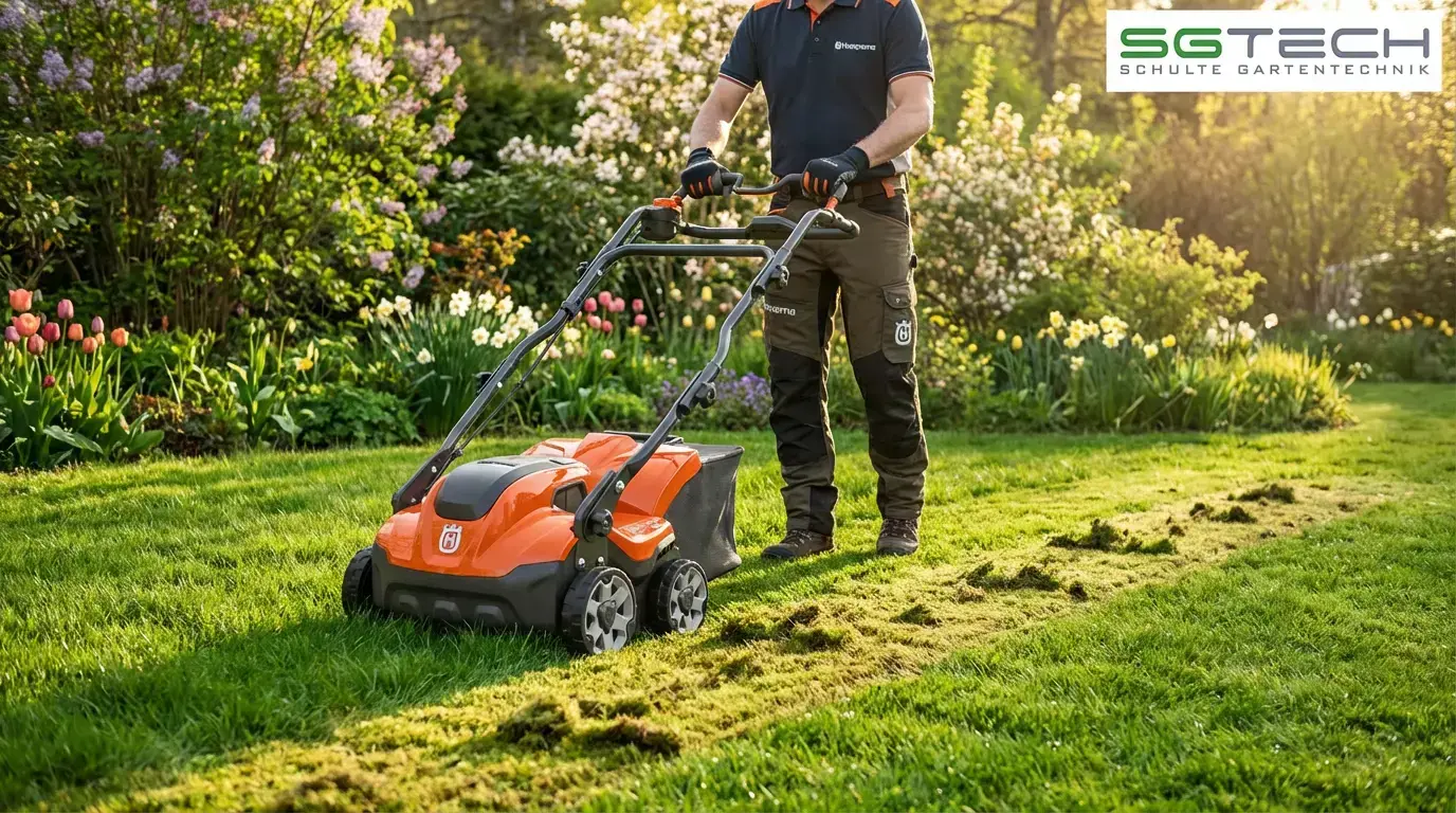 Husqvarna S138I Vertikutierer in Aktion im Schrebergarten. Der Gärtner zieht das Gerät über den Rasen, Spuren sind sichtbar.