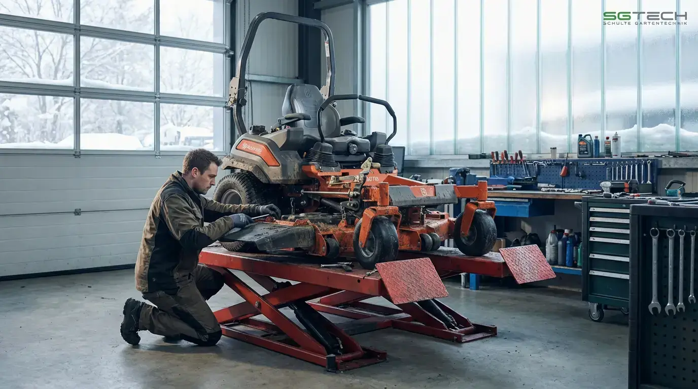 Ein Mechaniker kniet neben einem Husqvarna Z560X Zero Turn Mäher, der auf einer roten Hebebühne in einer Werkstatt steht und gewartet wird. Draußen liegt Schnee.