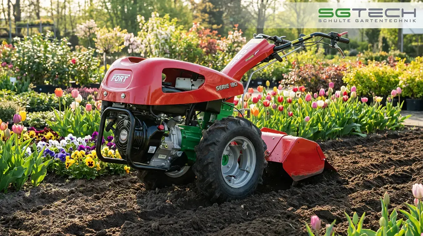 Ein roter Fort SERIE 180 Einachser mit Bodenfräse steht in einem frisch bearbeiteten Beet in einer Baumschule voller Blumen im fruehling.
