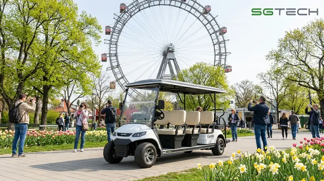 Ein weißer Carello TR8 Transporter im Wiener Prater vor dem Riesenrad im Frühling.