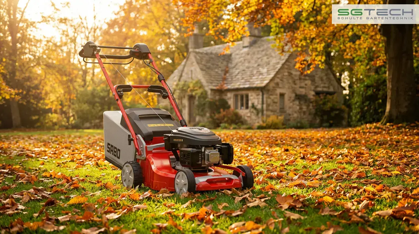 Ein Sabo 47-VARIO Rasenmäher steht auf einem Rasen voller Herbstlaub vor einem traditionellen Steinhaus unter goldenen Bäumen.