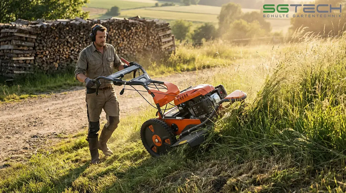 Ein Husqvarna DB551 Hochgrasmäher mäht hohes Gras an einer Böschung im Sommer.