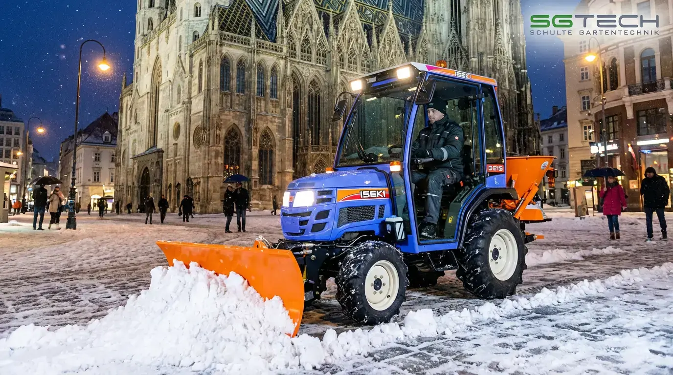 Ein blauer Iseki TM3217AHLK Traktor beim Schneeräumen vor dem Stephansdom im Winter.