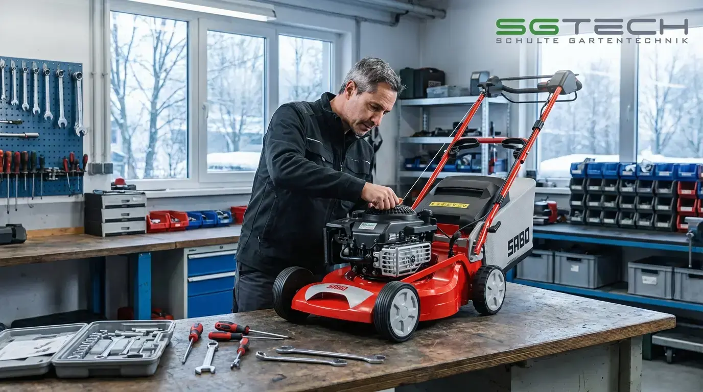 Ein Mann in Arbeitskleidung wartet einen roten Sabo 47-VARIO Rasenmäher auf einer Werkbank in einer Werkstatt. Draußen liegt Schnee.