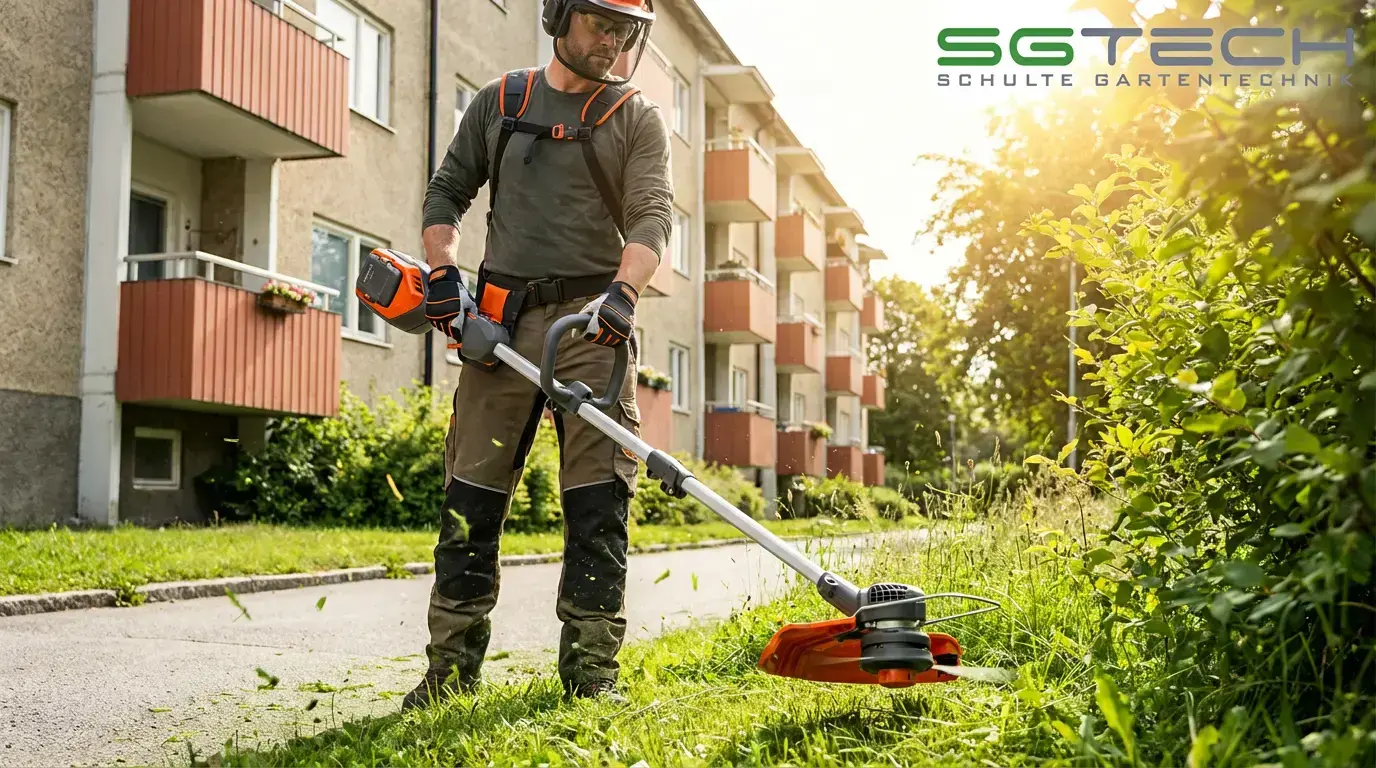 Ein Mann, als Hausmeister erkennbar, nutzt den Husqvarna 215IL Trimmer, um Gras entlang eines Gehwegs vor einem Wohnhaus zu trimmen.