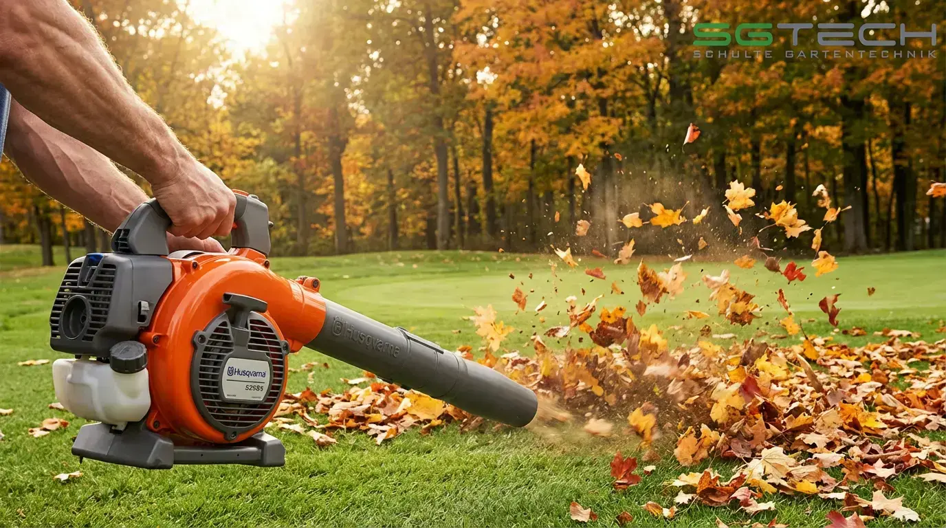 Greenkeeper verwendet Husqvarna 525BX Laubbläser, um Herbstlaub auf Golfplatz zu entfernen. Nahaufnahme des Geräts in Aktion.