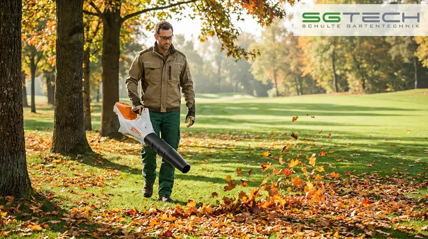 Greenkeeper nutzt Stihl BGA86 Laubbläser zur effizienten Laubentfernung unter Bäumen auf einem Golfplatz im Herbst.
