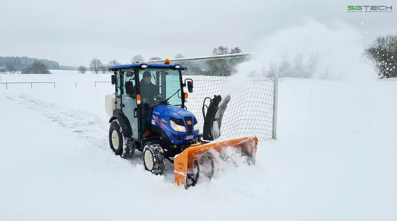 ISEKI Kompakttraktor mit Schneefräse. Blauer Traktor räumt tiefen Schnee auf Fußballplatz am Tor. Fahrer in Kabine, winterliches Feld.