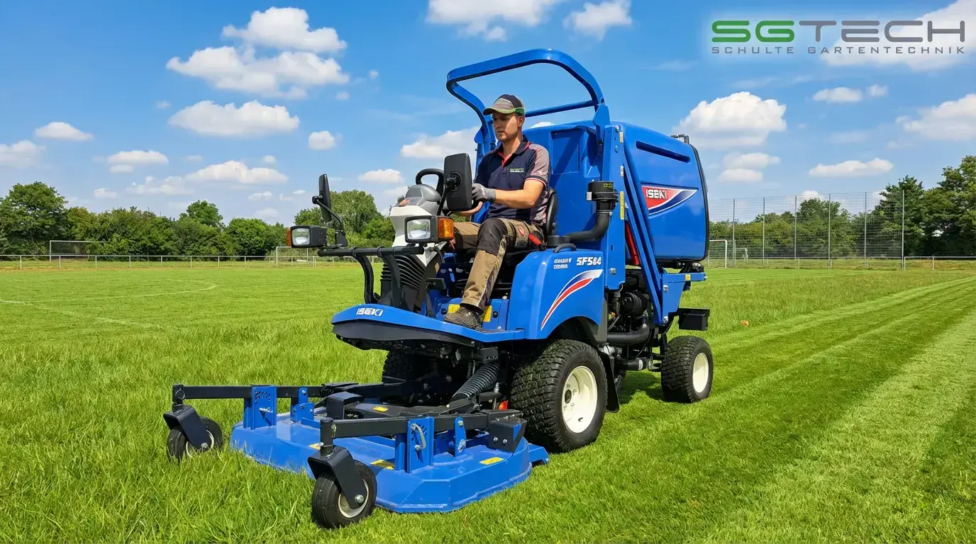 Blauer Iseki SF551 Großflächenmäher mäht Rasen auf einem sonnigen Fußballplatz. Ein Fahrer sitzt auf dem Gerät.