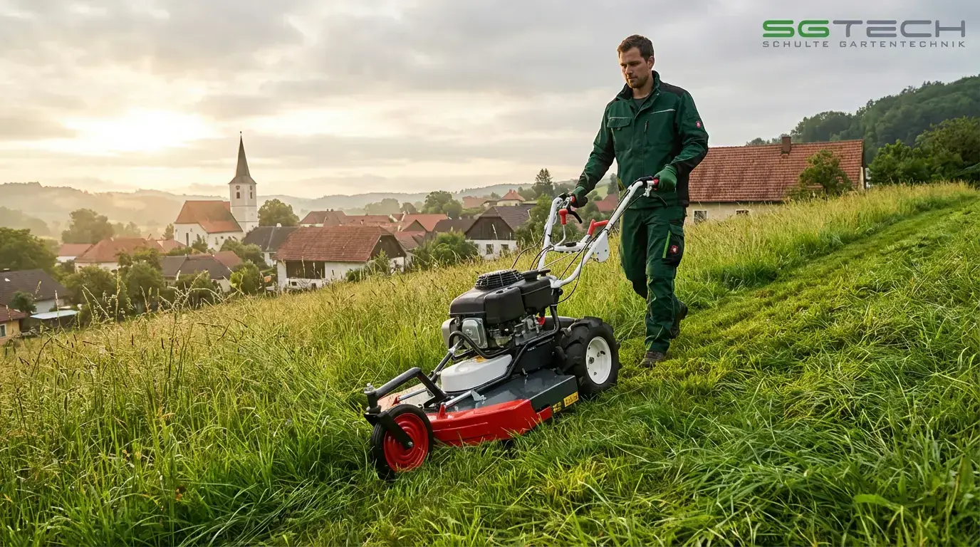 Ein Mann mäht mit dem Herkules SH71B Hochgrasmäher einen steilen Hang mit hohem Gras bei Sonnenaufgang über einem Dorf.