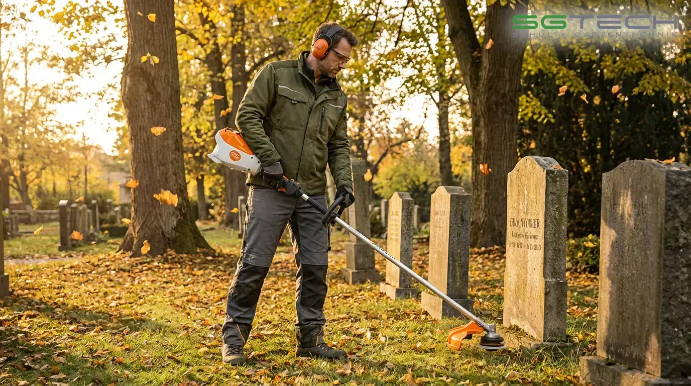 Ein Mann trimmt mit dem Stihl FSA200R Trimmer Gras zwischen Gräbern auf einem herbstlichen Friedhof mit fallenden Blättern.