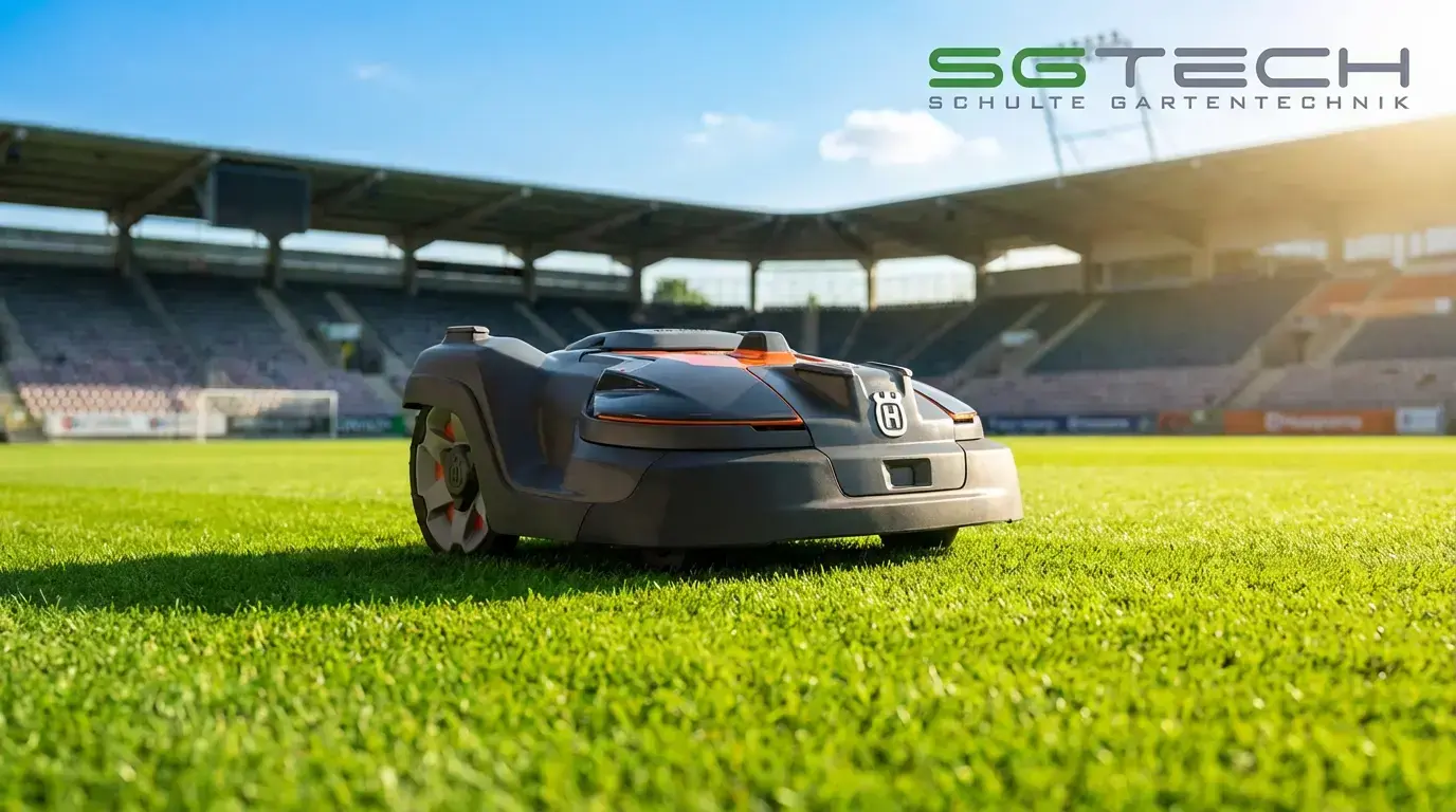 Ein Husqvarna 580L EPOS Rasenroboter mäht autonom einen grünen Fußballplatz an einem sonnigen Sommertag, mit einer leeren Tribüne im Hintergrund.