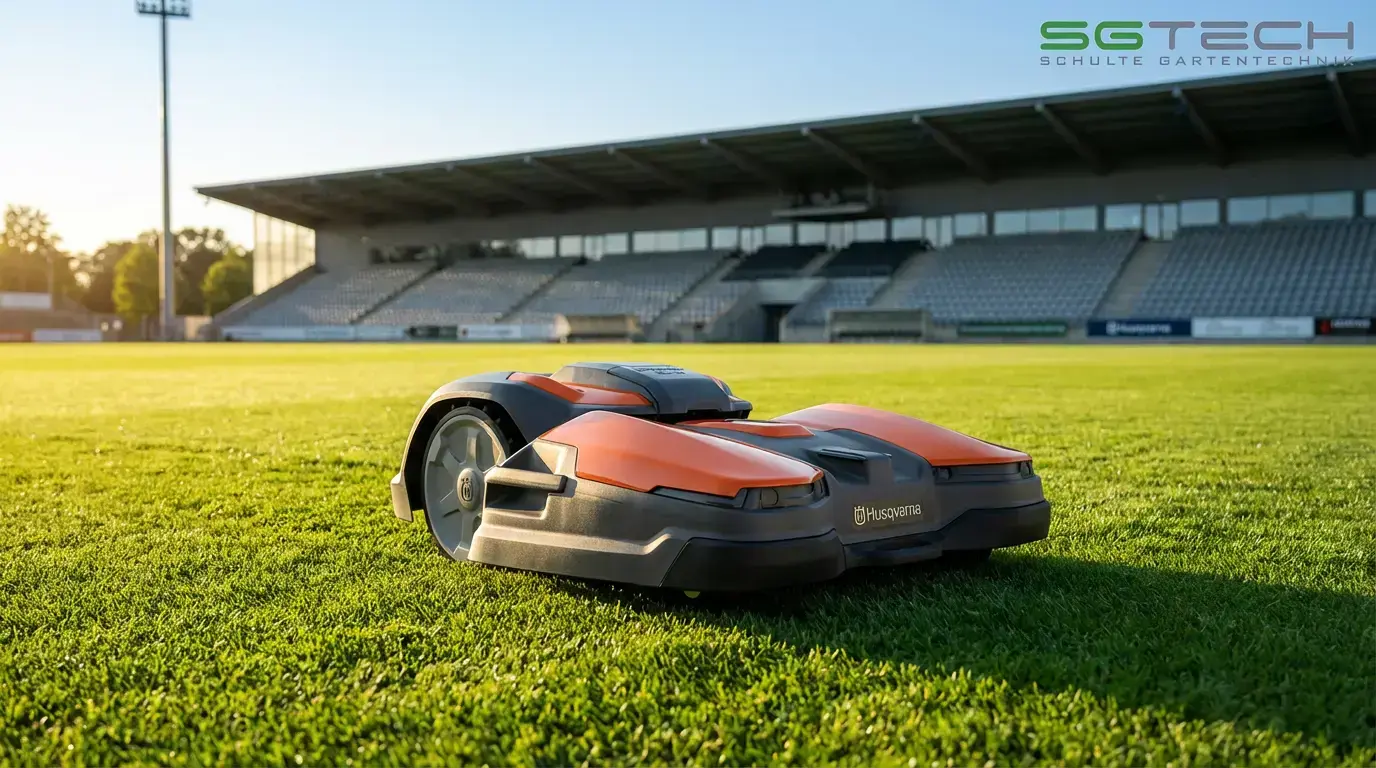 Husqvarna CEORA 546 EPOS Rasenroboter mäht einen Fußballplatz im Sommer bei Sonnenschein. Eine Tribüne ist im Hintergrund sichtbar.