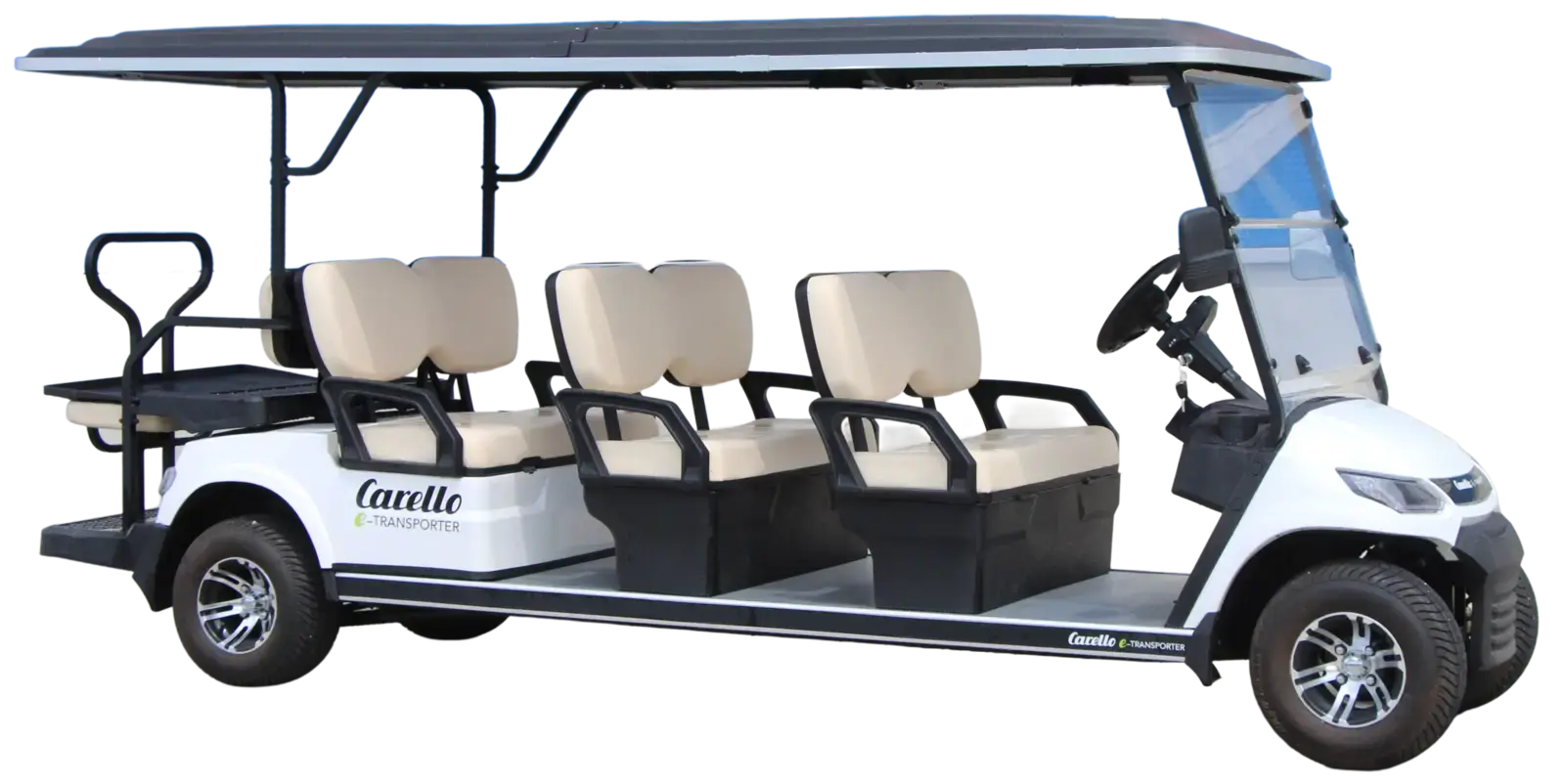 Weißer Carello TR6 Elektro-Transporter mit mehreren Sitzreihen und Dach für den Personentransport.