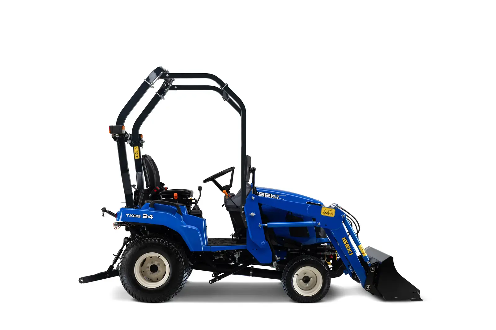 Blauer ISEKI TXGS24AHL Dieselgeräte Kompakttraktor mit Frontlader. Perfekt für vielseitige Aufgaben in der Landschaftspflege.