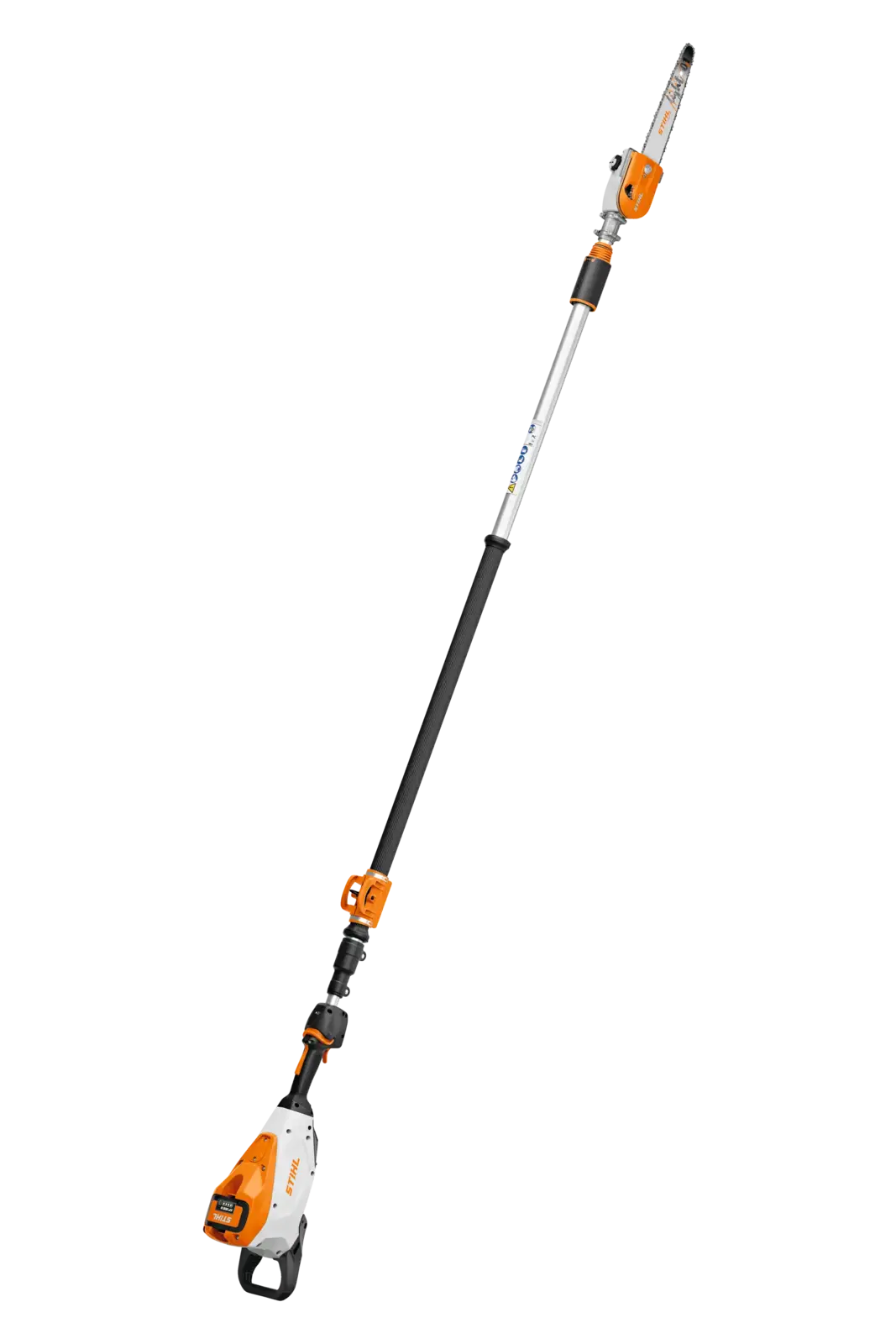 Weiß-orangener Stihl HTA160 Akku-Hochentaster mit ausziehbarem Teleskopschaft, auf schwarzem Hintergrund, bereit für Baumpflegearbeiten.