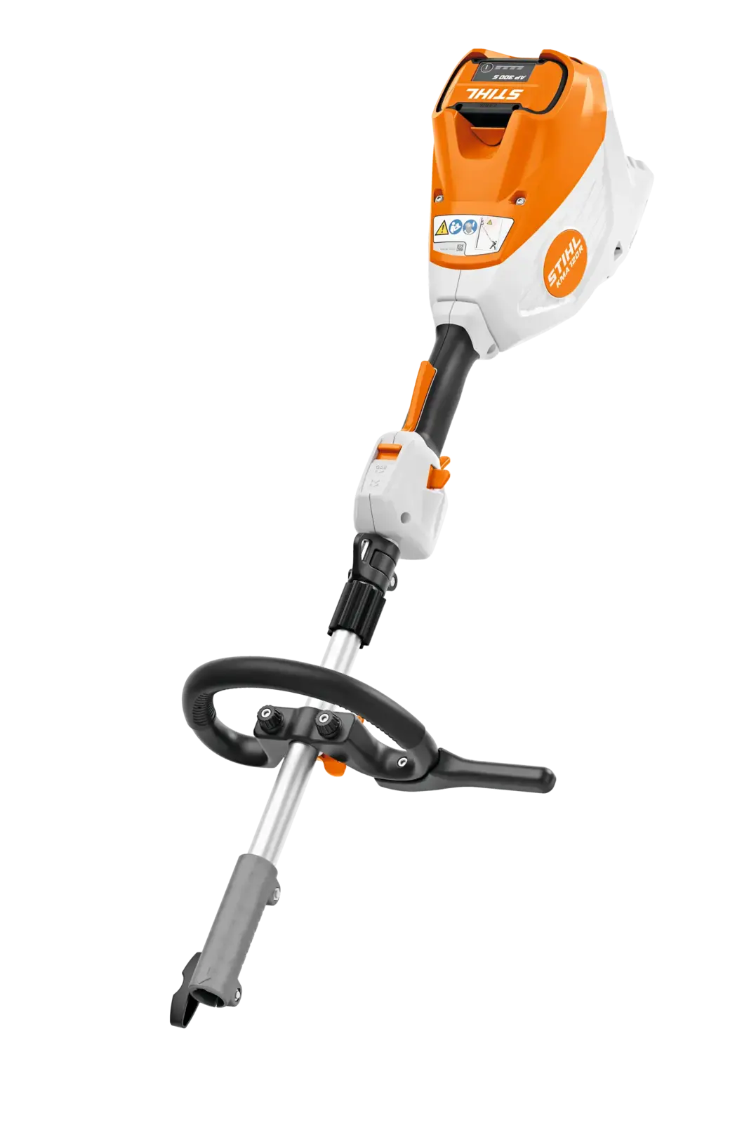 Stihl KMA120R Akkugerät, ein orange-weißes Kombigerät mit Rundgriff, ideal für vielseitige Gartenarbeiten.