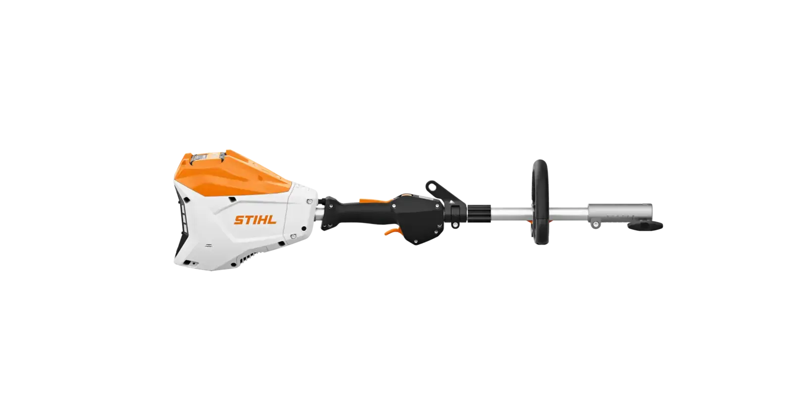 Stihl KMA200R Akkugerät, ein vielseitiges, orange-weißes Kombigerät mit schwarzem Griff, seitlich auf neutralem Hintergrund dargestellt.