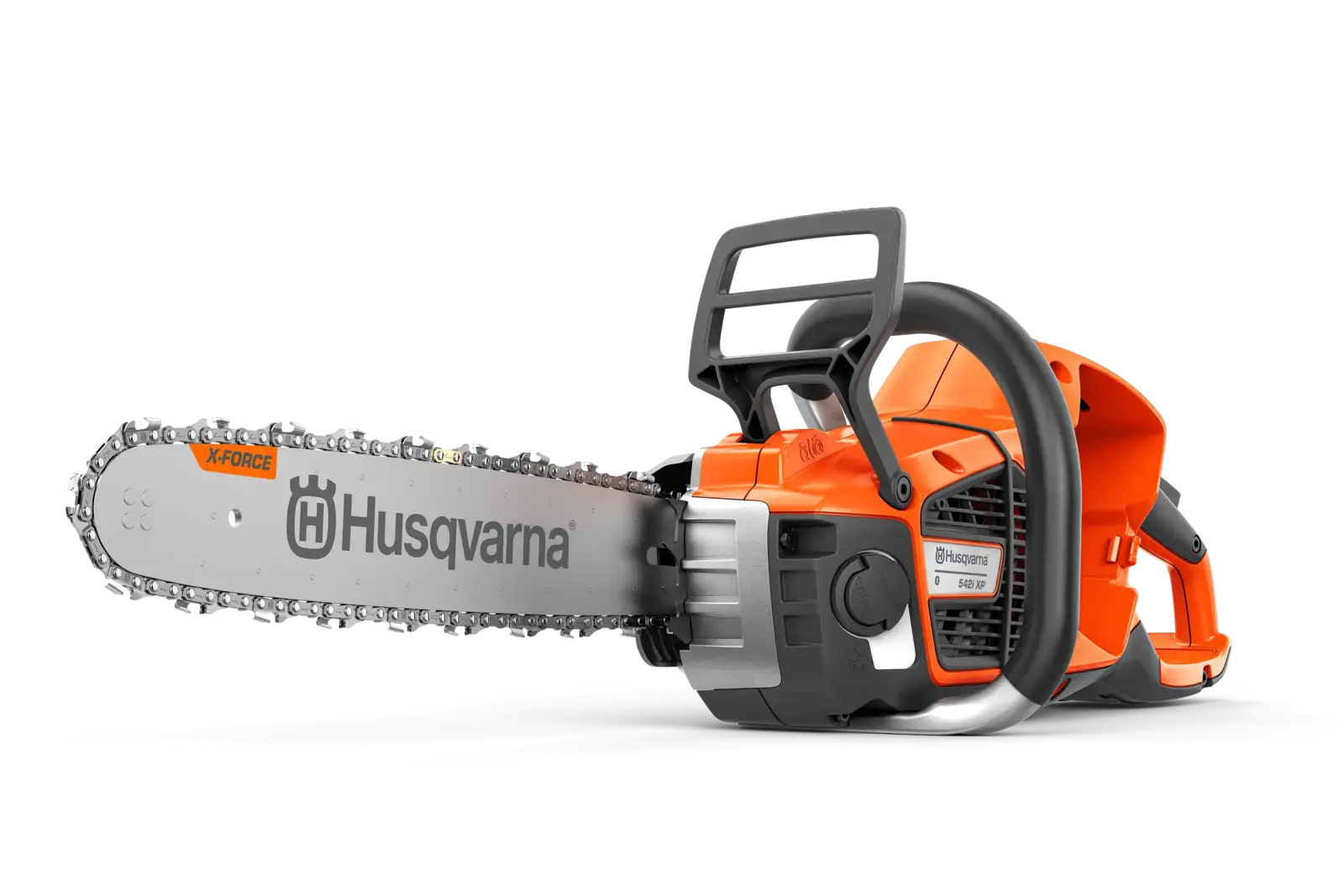 Orange-graue Husqvarna 542IXP Akkugeräte Motorsäge auf schwarzem Hintergrund, bereit für den Einsatz, mit scharfer Kette und Führungsschiene.