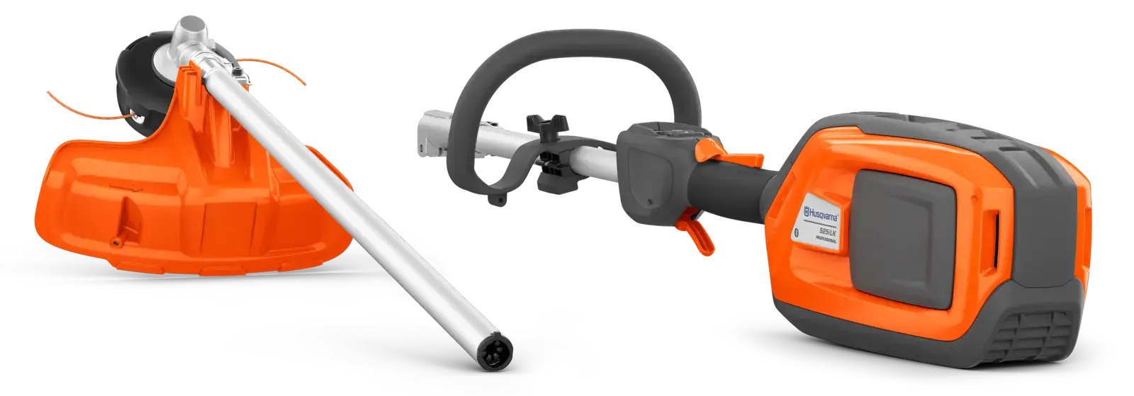 Husqvarna 525ILK Kombigerät, orange und grau, mit Trimmerkopf. Ein vielseitiges Akkugerät für Gartenpflege.