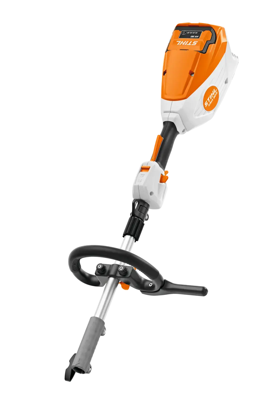 Stihl KMA80R Akkugerät, orange und weiß, mit Multifunktionsgriff und schwarzem Schaft, auf weißem Hintergrund freigestellt.