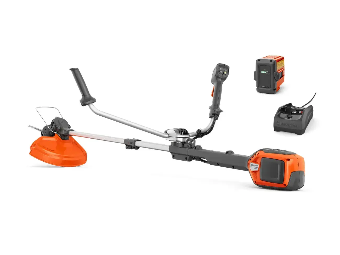 Husqvarna 220IR Akku-Motorsense mit Schutz, Trimmerkopf, Akku und Ladegerät vor weißem Hintergrund.