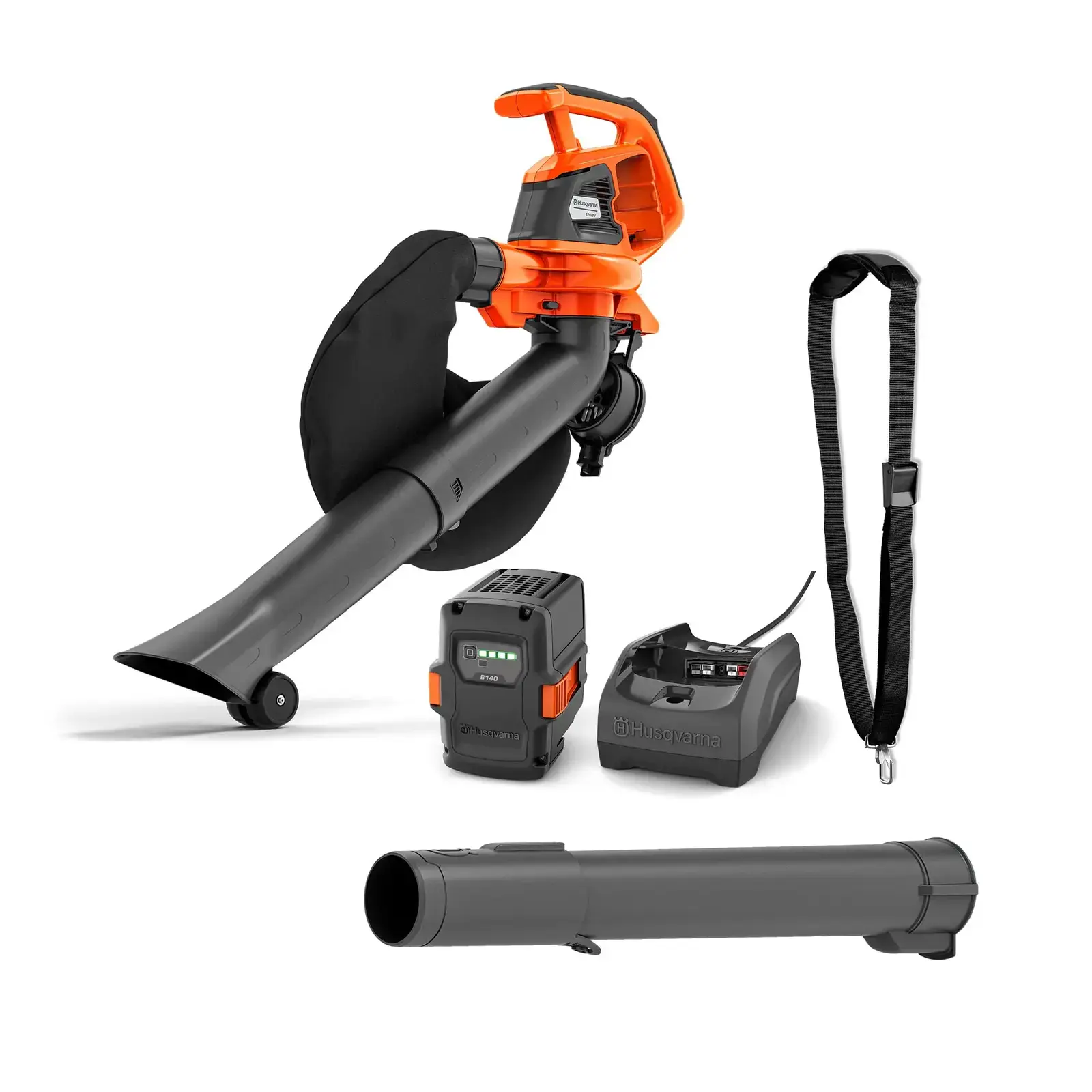 Husqvarna 120IBV Akku-Laubsauger mit Auffangsack, Akku, Ladegerät und Tragegurt auf weißem Hintergrund.